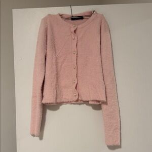 Zara Pink Fuzzy Women's Sweater with Pearl Buttons